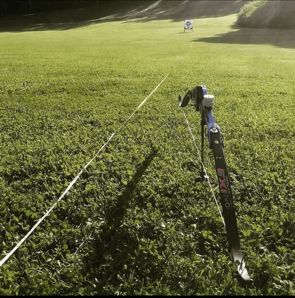 A bow and target on a field